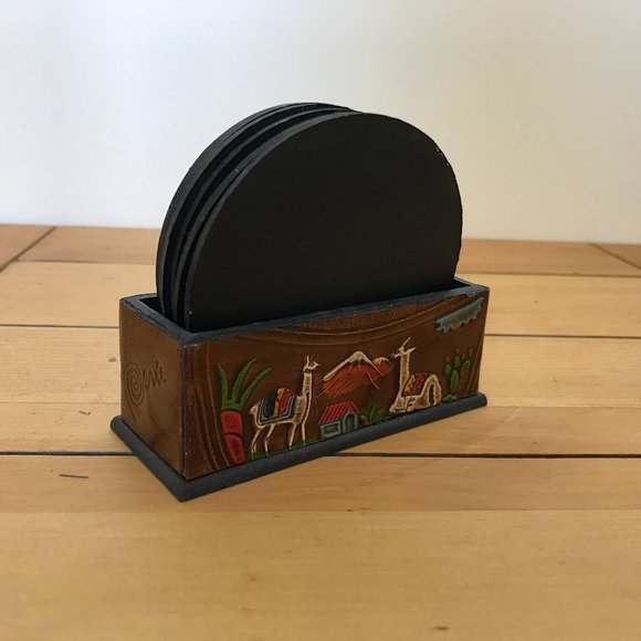 Peru Llama Village Tooled Leather Coasters Set of 6 with Holder Sun God Inti - Picture 5 of 5